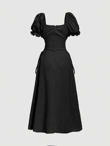 SHEIN MOD Đầm nữ tay cánh hoa, thắt eo, cổ vuông, tay ngắn, dài đến đầu gối - màu đen - Xem 5