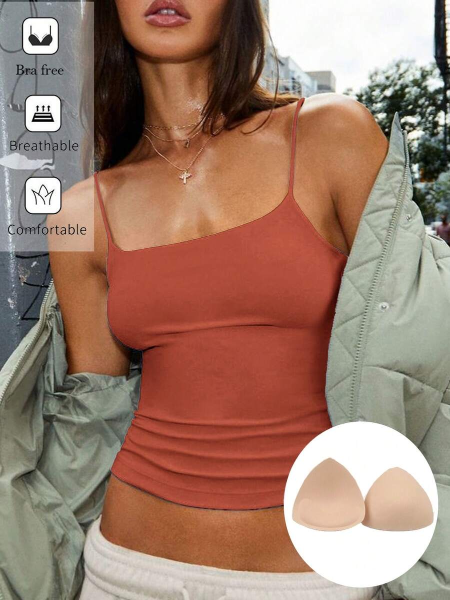 Siren Gaze 女士紧身圆领胸垫透气夏季基础款吊带背心，女士无胸罩背心，女士吊带衫，女士无胸罩上衣，细肩带上衣，女士吊带衫，女士内置胸罩吊带衫，女士夏季上衣，女士紧身背心 - 棕色 - 查看 1