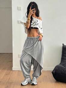 Coolane 男女夏季街头休闲运动嘻哈复古舒适多褶裆裤 - 灰色 - 查看 6