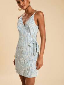 Travachic 2026新款女士条纹刺绣系腰吊带裙 - 藍白色 - 查看 6