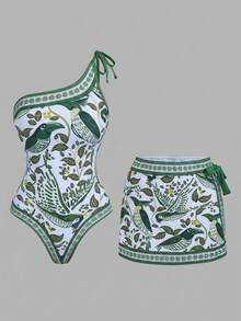 Swim Oasis Bộ đồ bơi liền thân và váy quấn nữ Xuân/Hè 2026 SS thanh lịch, lãng mạn phong cách BOHO, họa tiết lá nhiệt đới, hoa lá, phong cảnh, bất đối xứng vai, dây đeo nơ điều chỉnh được, thích hợp cho bãi biển, kỳ nghỉ, tiệc trà chiều, dã ngoại, tiệc tùng, mặc hàng ngày, hoạt động ngoài trời, trang phục thời trang. - Màu xanh lá cây đậm - Xem 3