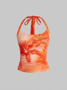 ROMWE Avant Women's Vacation Style All-Match Versatile Hibiscus & Shell Embroidered Print Halter Neck Camisole Set - Multicolor - View 5