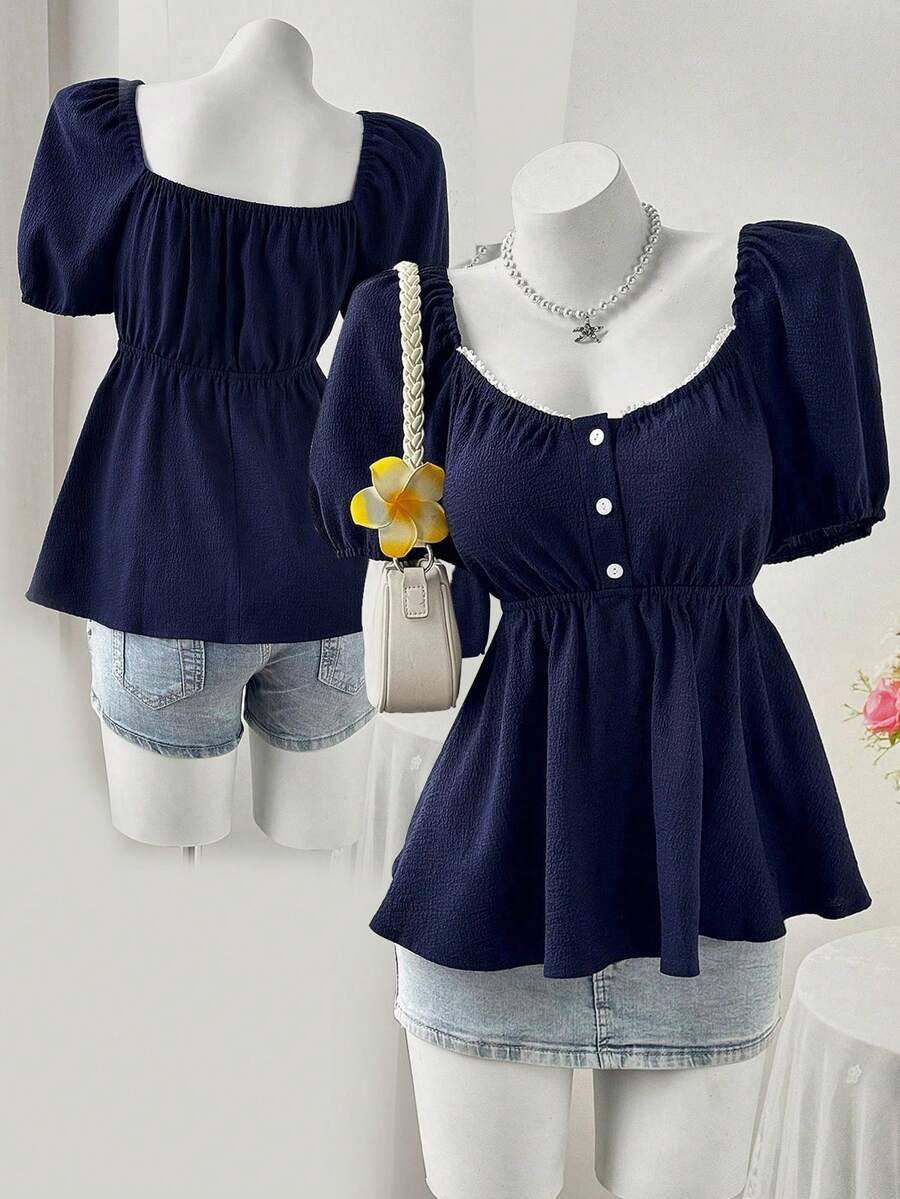 Sweetra Plus Size Women Comfortable Square Neck Textured Crinkle Fabric Short Sleeve Blouse - Navy Blue - View 1