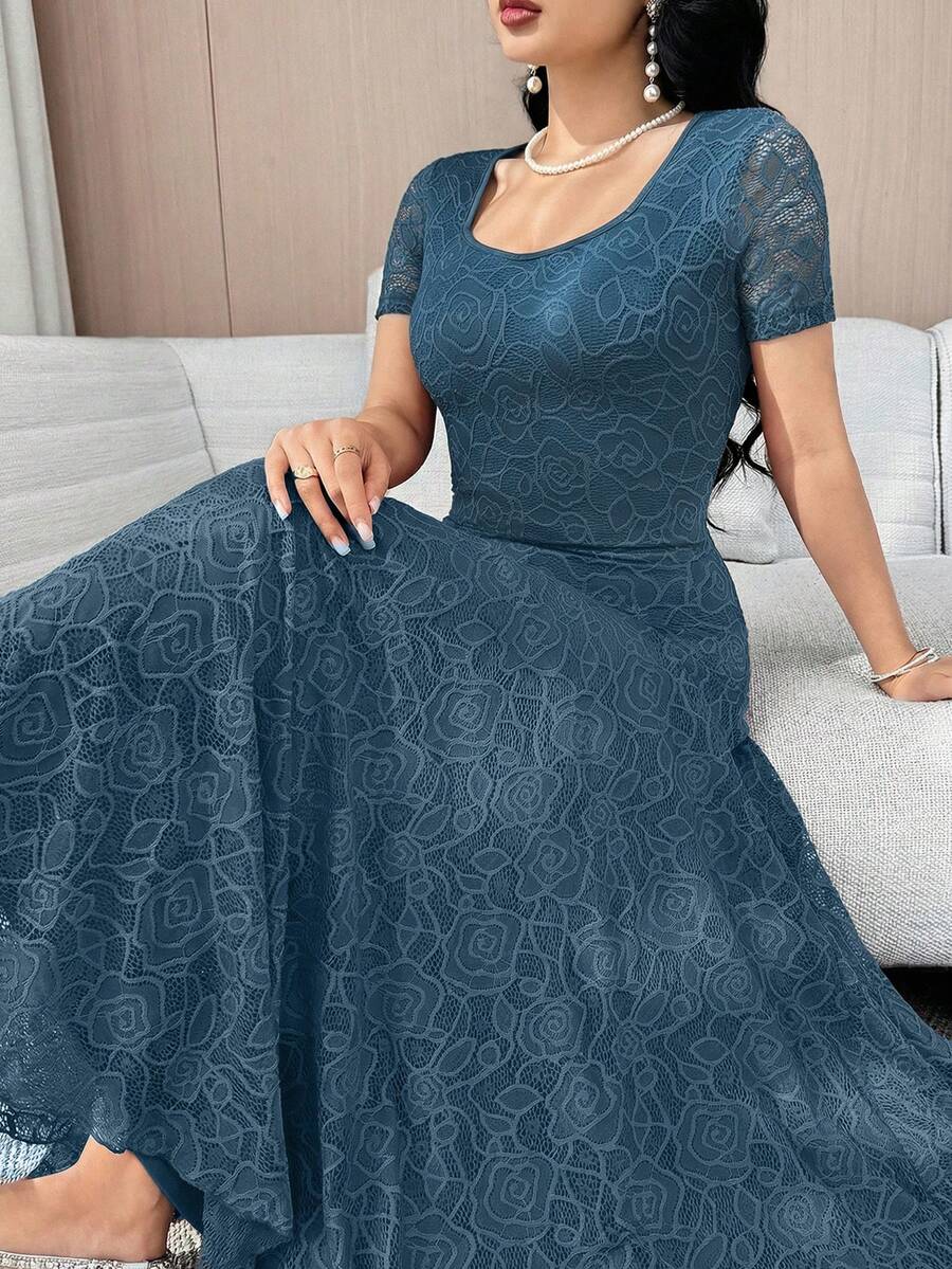 Modelyn 新款刺绣蕾丝袖镂空设计雪纺优雅连衣裙 - 藍色 - 查看 1