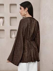 Veilorie New Textured Pleated Tie-Cinched Waist Elegant Versatile Daily Wear & Party Blouse - Brown - View 7