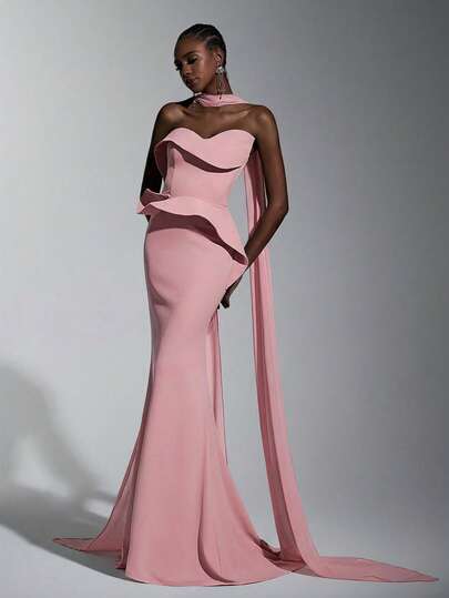 Elitara Đầm dài thanh lịch, lãng mạn, thời trang làm từ vải thun co giãn, được trang trí 3D, đính sequin lấp lánh, dáng đuôi cá, có đuôi váy dài, thích hợp cho tiệc tùng, đám cưới, màu xanh lá cây, dạ hội.