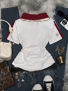 Glimmora Áo polo tay ngắn in họa tiết phong cách retro thập niên 2000 dành cho nữ, thời trang và thoải mái, hợp xu hướng hiện nay, phù hợp cho mặc hàng ngày, dự tiệc và các lễ hội âm nhạc. - Nhiều màu - Xem 2