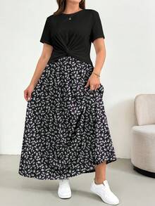SHEIN Essnce 度假休闲浪漫印花加大码女式圆领短袖上衣和半裙两件套，适合夏季穿着 - 彩色 - 查看 6