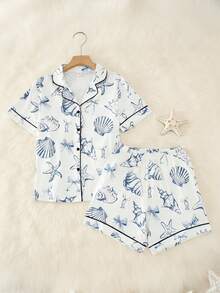 Bộ đồ ngủ bé gái - Áo ngủ ngắn tay và quần đùi cổ bẻ in hình nơ và vỏ sò cổ điển, thoải mái, gồm 2 mảnh. Bộ đồ đôi mẹ và bé (3 bộ bán riêng lẻ). - Nhiều màu - Xem 4