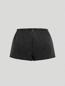 SHEIN PETITE 小码女士休闲简约风运动抽绳黑色棉质抓绒短裤，适合春夏运动季穿着。 - 黑色 - 查看 3