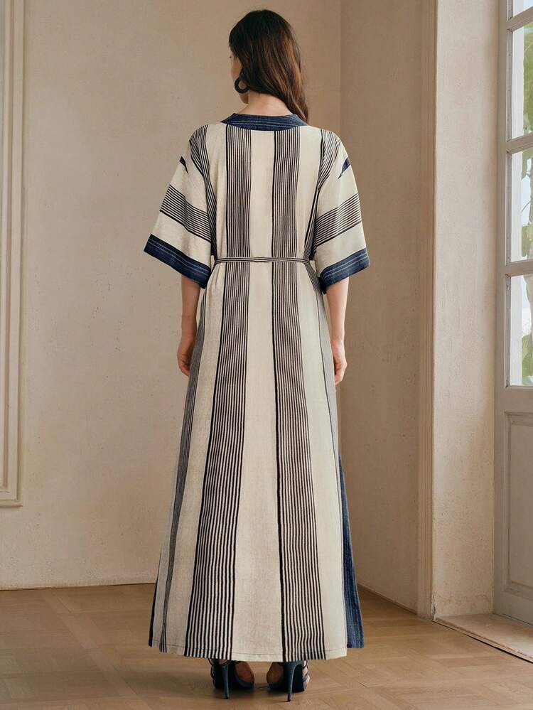 Loose V-Neck Printed Beach Dress, Striped, Vacation Style, Spring/Summer