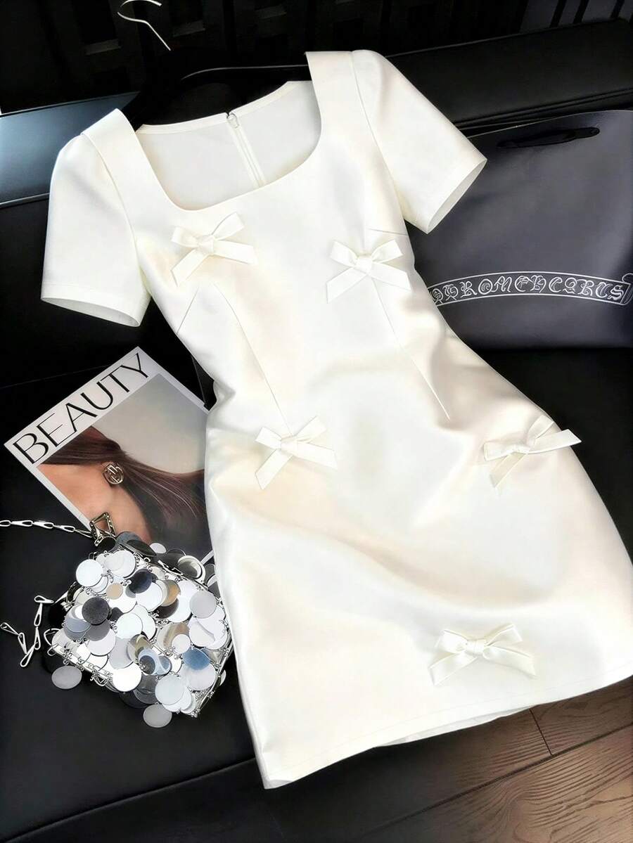 SHEIN Franclia Women's Square Neck Short Sleeve A-Line Dress With Elegant 3D Bow Decor, Suitable For Dates, Business, Daily Wear - White - View 1