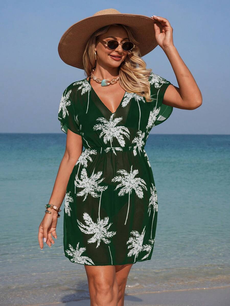 Swim Lushoire Áo khoác mùa hè mỏng nhẹ, cổ chữ V, tay ngắn, thắt eo. - Màu xanh lá cây đậm - Xem 1