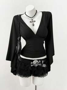 SHEIN CURVE+ Áo thun ôm sát gợi cảm tay loe bất đối xứng cổ chữ V sâu, cỡ lớn - màu đen - Xem 7