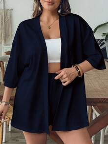 SHEIN VCAY Casual Minimalist Vintage Leaf Pattern Loose Plus Size 2 Pieces Set, Suitable For Summer - Navy Blue - View 6