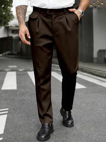 Manfinity Mode Pantalones informales de unicolor para hombres de talla grande, formales - Café integral - Ver 5