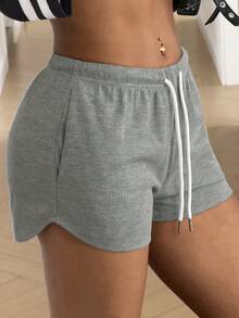 StreetHx Women's Solid Color Drawstring Waist Casual Versatile Daily Wear Shorts - Grey - View 5