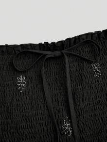 Sweetra Plus Size Square Neck Ruffle Sleeve Short Dress, Elegant Vintage Cute Faux Embroidery Pumpkin Brown Knee-Length A-Line Dress - Black - View 8