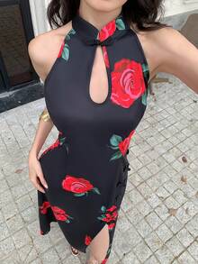 EastFlair Elegant Rose Print High Slit Halter Neck Dress,Black And Red,Summer,Retro,Party Outfits For Women,Valentine's Day,Beach Vacation,Floral Ruffle Dress - Black - View 3