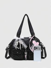 ROMWE Kawaii Women's Retro Distressed Gradient Cross & Heart Pendant Decoration Bowknot Strap Tote Bag, Large Capacity Shoulder Bag With Multiple Pockets - black gold - View 2