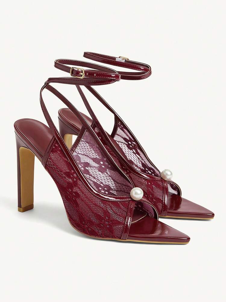 CUCCOO CHICEST Women Shoes Burgundy Wrinkled Mirror Lace Splicing Pearl Decoration Fashionable Elegance Temperament Pointed High Heel Sandals