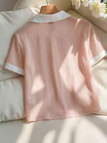 Franclia Áo sơ mi nữ thanh lịch màu hồng nhạt chất liệu chiffon nhăn, cổ trắng, tay ngắn, dáng rộng. - Hồng - Xem 2