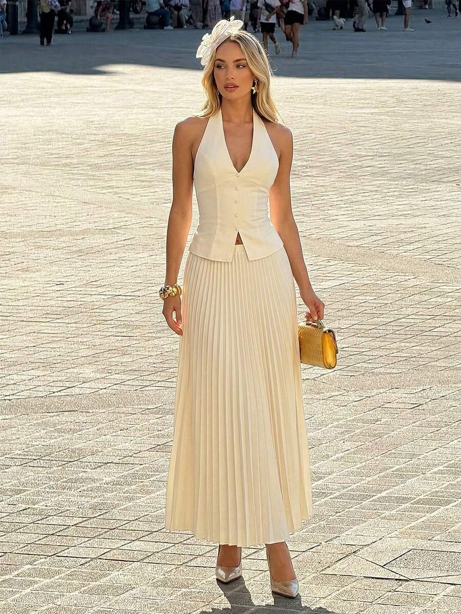 SHEIN Glamour 杏色无袖梭织纽扣后背吊带背心，休闲中长百褶裙，简约女士套装，百褶裙套装，彩排晚宴礼服，奶油色女士连衣裙，优雅女士谈话连衣裙，女士裹身连衣裙，惊艳连衣裙
