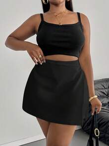 SHEIN PETITE CURVE Plus Size Women Solid Color Asymmetric Hem Casual Midi Skirt - Black - View 6