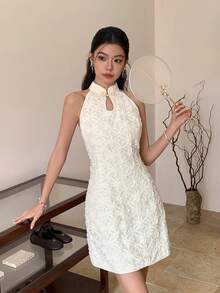 EastFlair 优雅纯色3D立体花卉中国风吊带连衣裙，夏季 - 杏色 - 查看 5