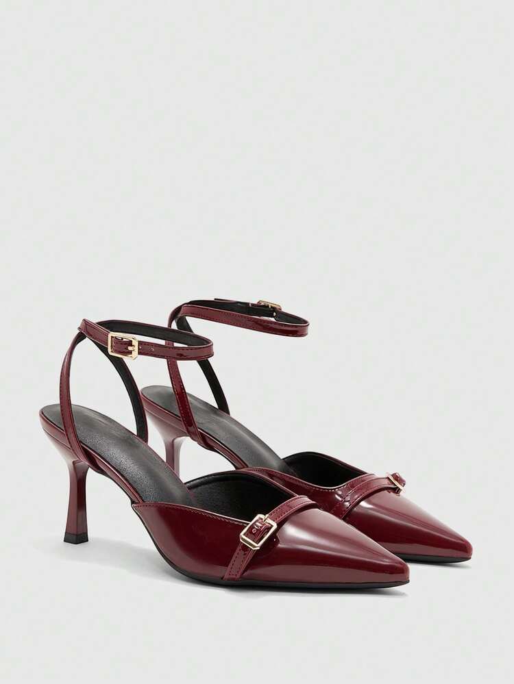 CUCCOO BIZCHIC Women Shoes Women's Pointed Stiletto Burgundy Ankle Strap Sexy Fashion Versatile Commuter Women's High Heel Shoes Slingback Shoes Women's Shoes