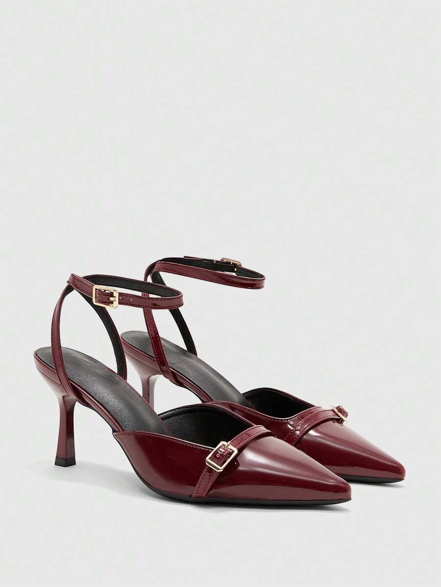 CUCCOO BIZCHIC Giày nữ, giày cao gót nhọn màu đỏ tía, quai ngang mắt cá chân, kiểu dáng gợi cảm, đa năng, phù hợp đi làm, giày cao gót hở gót, giày nữ. - Màu Đỏ Sâu - Xem 1