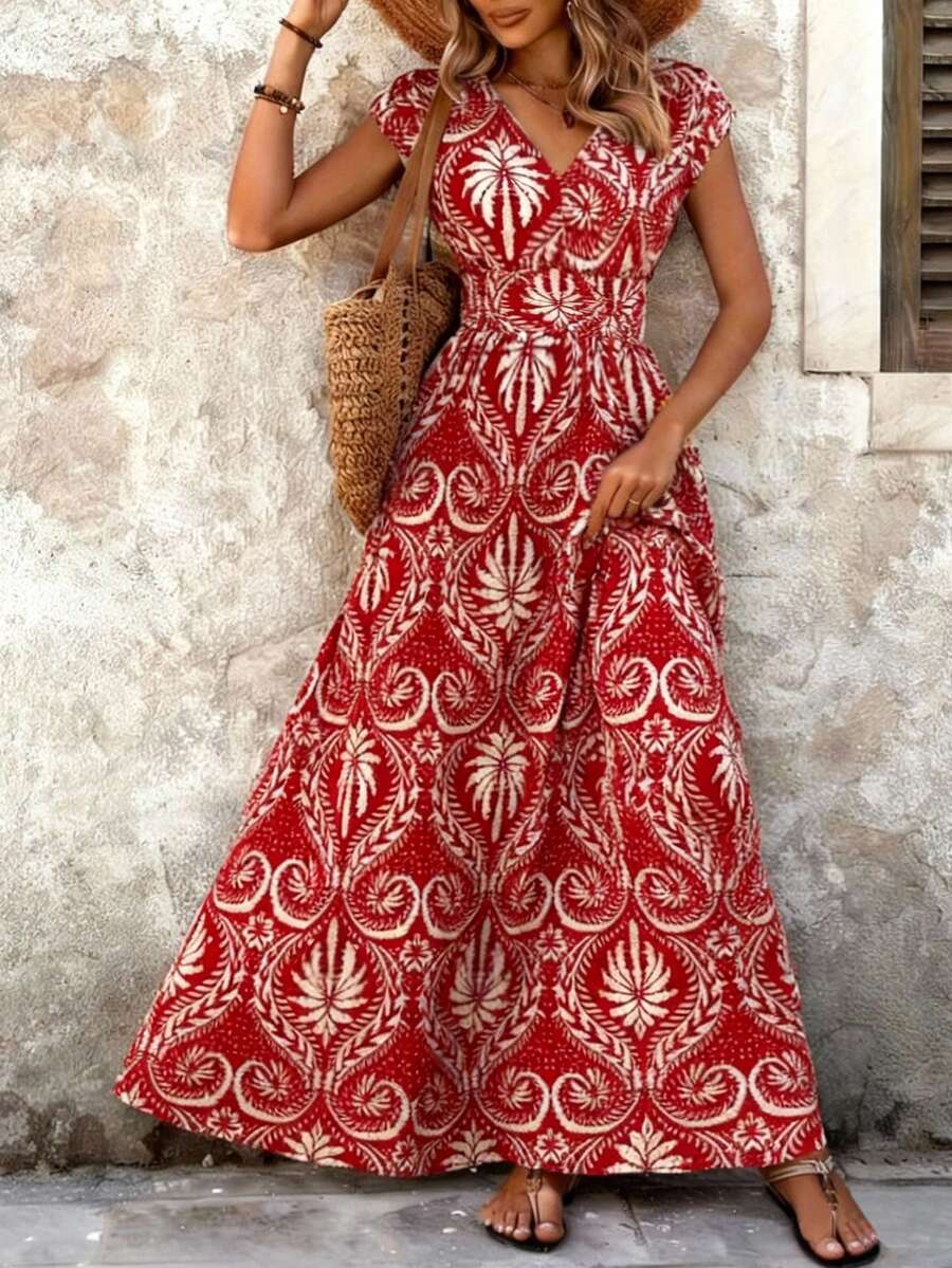 Balvessa Women's V-Neck Waist Cinched A-Line Long Dress, Floral Print On Red Background - Red - View 1