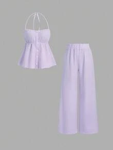 Sweetra Bộ đồ nữ kẻ sọc phong cách thường ngày, gồm 2 món, thích hợp cho các buổi đi chơi mùa xuân và mùa hè, màu hồng. - Màu tím - Xem 1