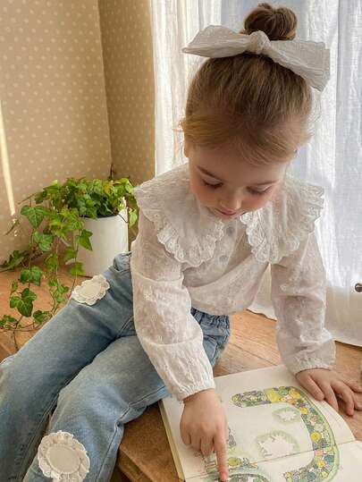 Dazy Kids Toddler Girls' Lace Casual Bow Decor Refreshing Long Sleeve Top