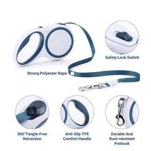 Segarty Extendable Leash, 16ft Heavy Duty Walking Dog Retractable Leash For Medium Small Dogs Up To 44lb, Anti-Slip Handle 360°Tangle-Free Nylon Tape, One-Handed One Button Lock (Blue White) - Blue - View 5