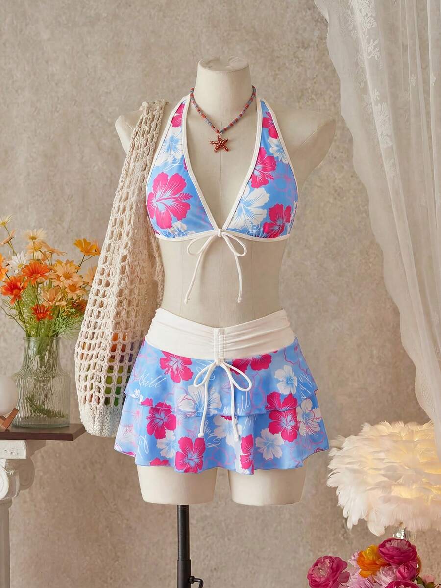 Bellisia Bộ bikini 3 mảnh mùa hè dành cho nữ, họa tiết hoa, kiểu dáng dự tiệc âm nhạc, váy yếm, phong cách thường ngày, thích hợp cho kỳ nghỉ. - Nhiều màu - Xem 1