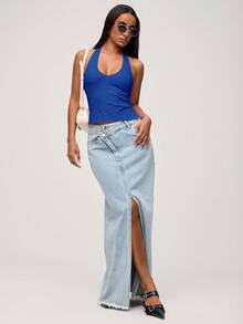 SHEIN BASICS Casual Solid Color Knit Halter Neck Top For Women/Summer Fitted Top For Women Tanktop Body Tops For Ladies Halter Tops For Women - Royal Blue - View 5