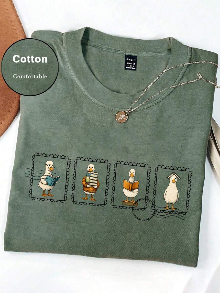 INAWLY Áo thun nữ cổ tròn in hình hoạt hình, kiểu dáng thường ngày, đa năng. - Màu xanh Ô liu - Xem 1