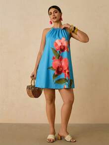 Travachic Plus Size Romantic Green Floral Print Halter Tie Strap Vacation Mini Dress For Women - Baby Blue - View 6