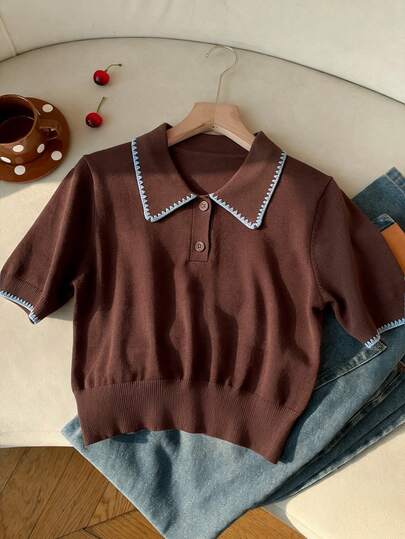 CovetEZ Casual Minimalist Style Preppy Style Color Blocking Blue Shell Embroidery Polo Collar Dark Brown Short Sleeve Knit Top, Suitable For Spring & Summer, College Style