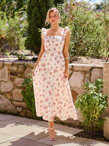 KARISMINA 女士休闲优雅浪漫度假沙滩方领印花弹力腰连衣裙，粉色连衣裙 - 粉色 - 查看 8