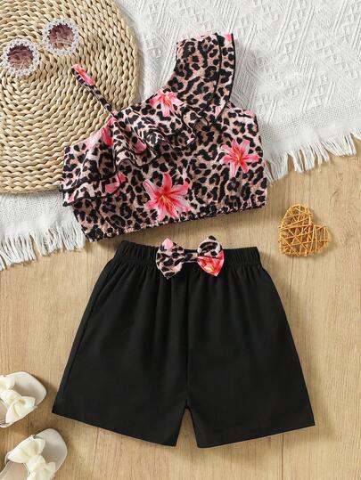 两件套女童时尚豹纹印花套装，夏季新款时尚不对称肩部荷叶边上衣+高腰蝴蝶结短裤套装