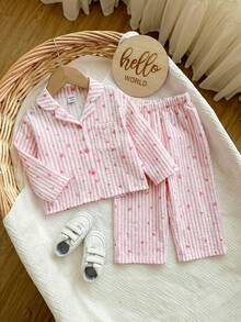 SHEIN Bộ đồ ngủ dài tay kẻ sọc hồng, kiểu dáng giản dị, dễ thương cho bé gái, có nơ thắt cổ. - Màu Hồng baby - Xem 4