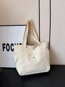 1PC Large Capacity Canvas Tote Bag With Multiple Pockets Handle Reusable Multi Compartment Organizer For Women Students Teenagers Daily Travel Beach School Work Back To School Shopping Essential - Multicolor - View 5