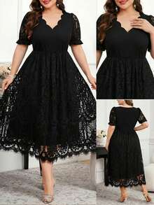 Reflora Vestido de fiesta elegante con cuello en V y cintura fruncida para mujer de talla grande - Negro - Ver 2