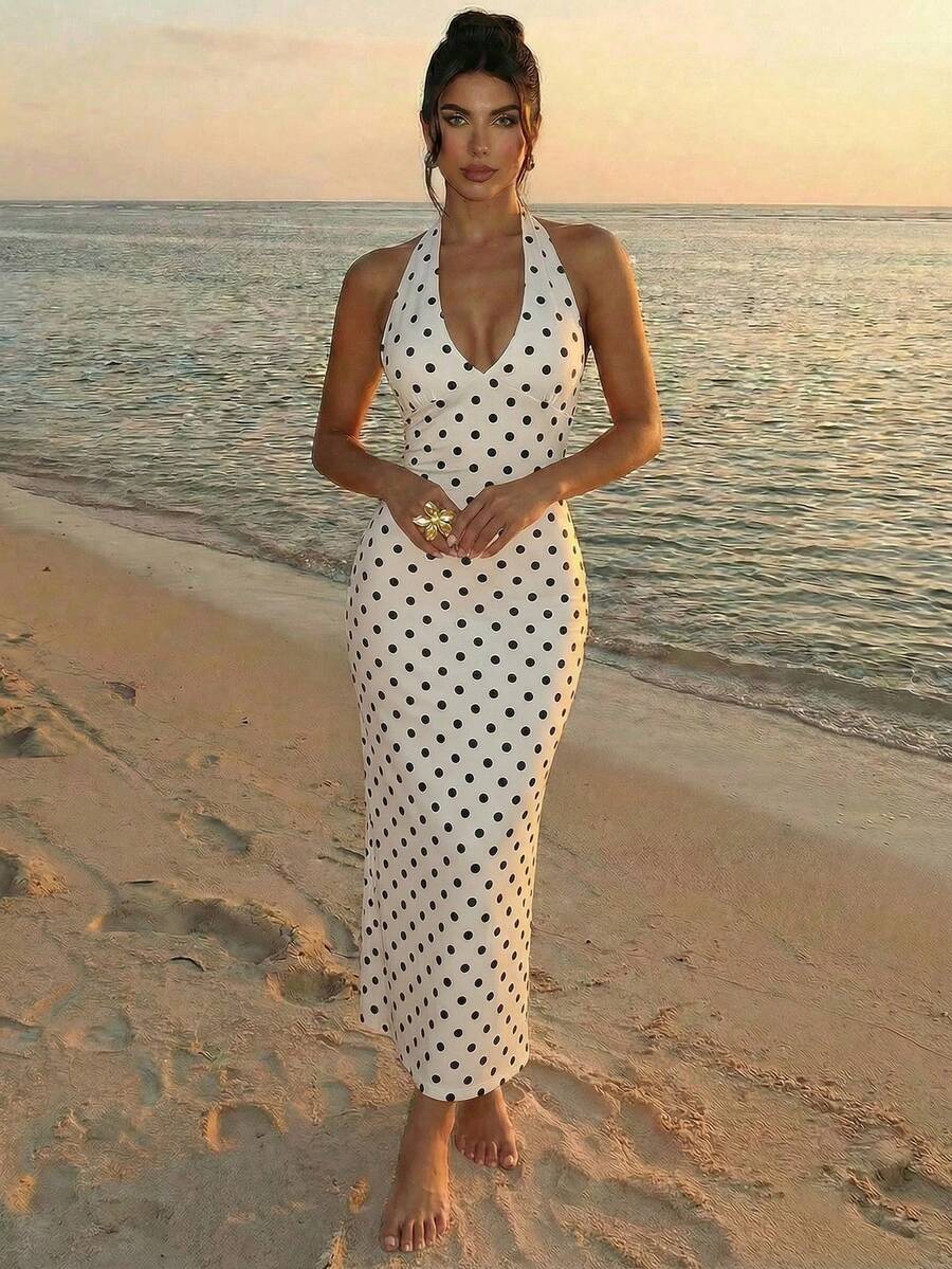 Firerie New Arrival Spring/Summer Elegant Romantic Retro Polka Dot Print V-Neck Cinched Waist Bodycon Maxi Dress, Suitable For Dates, Vacations, Daily Outings,Bodycon,Date Night,Holiday,Vacation,Festival,Wedding Guest,Prom,Graduation,Formal,Ball Gown,Mermaid,Summer Dresses For Women - Beige - View 1