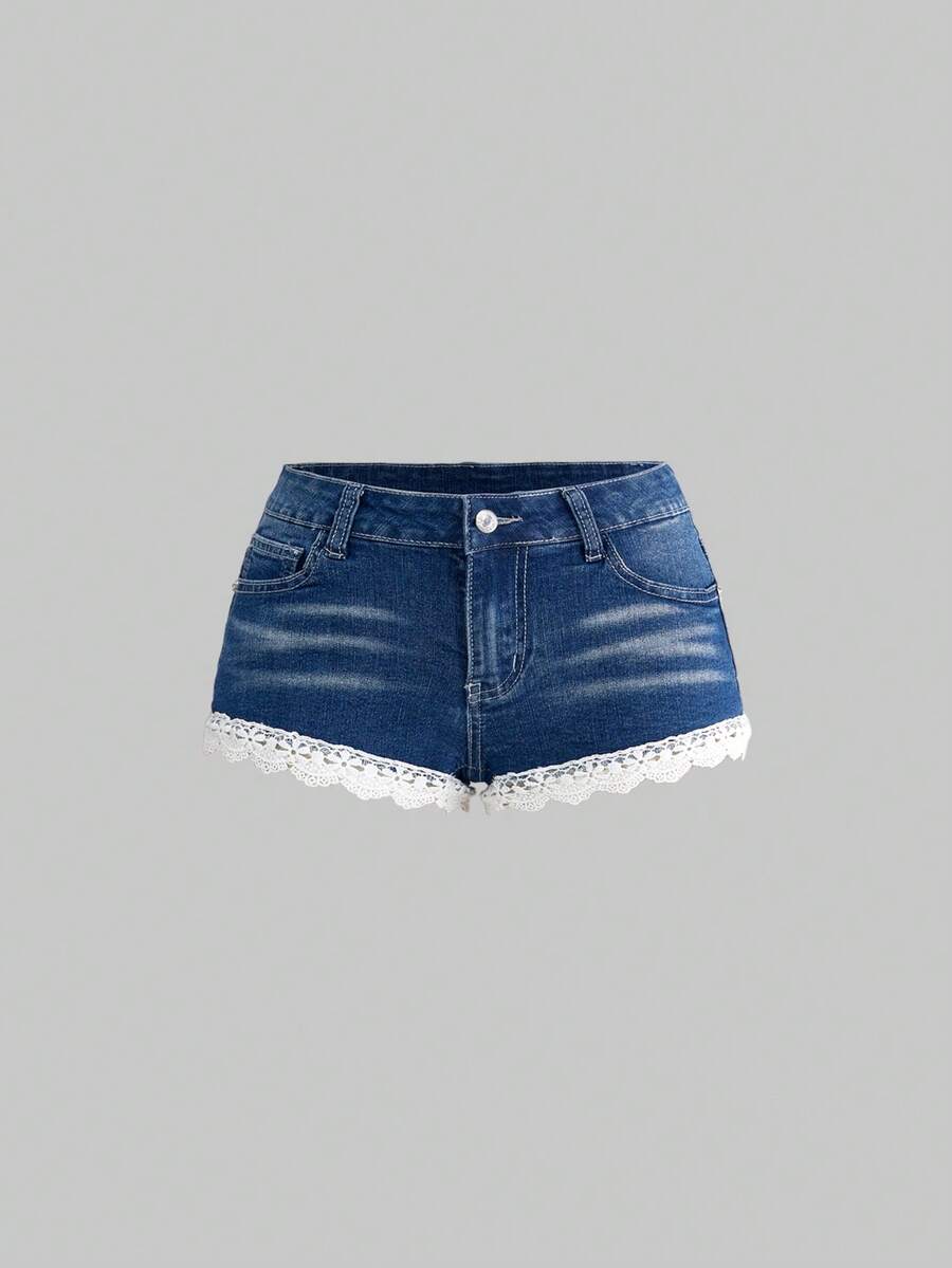 ROMWE Shorts vaqueros de mujer de talle bajo y súper cortos con parches de encaje, para primavera/verano y vacaciones informales - Lavado ligero - Ver 1