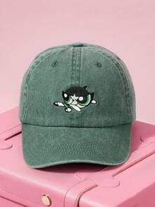 THE POWERPUFF GIRLS X SHEIN 升级版可爱卡通毛茛图案防晒绿色棒球帽，适合儿童、女孩，透气、柔软、舒适，适合旅行和户外活动 - 綠色 - 查看 2