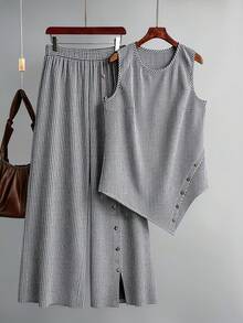 Linhara Plus Size Women's Plaid Round Neck Top And Wide Leg Pants Casual 2 Pieces Set - Black and White - View 1