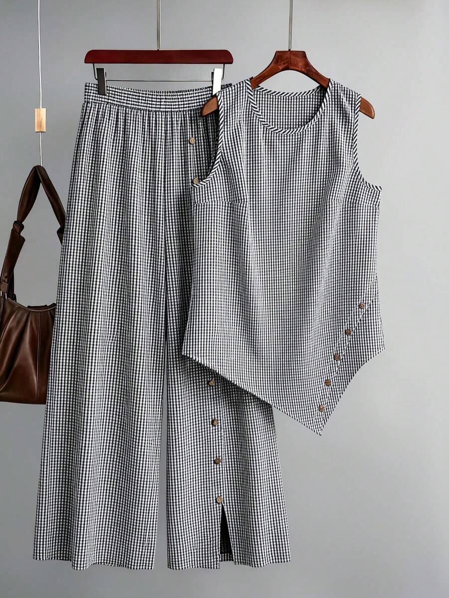 Linhara Plus Size Women's Plaid Round Neck Top And Wide Leg Pants Casual 2 Pieces Set - Black and White - View 1